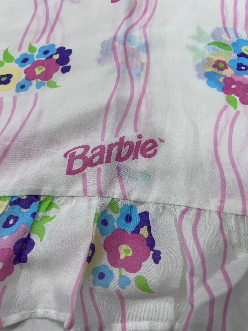 Vintage 1995 Barbie Pillow Sham Floral Pink Ruffle Bedding Made USA 27x19